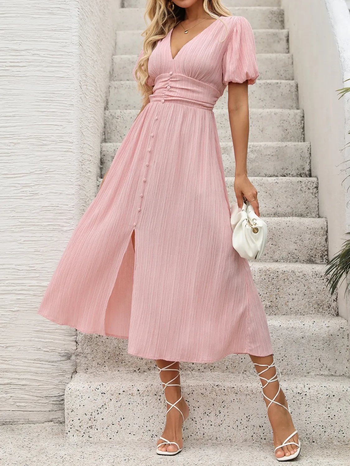 V - Neck Puff Sleeve Dress - TNT Dress Co.