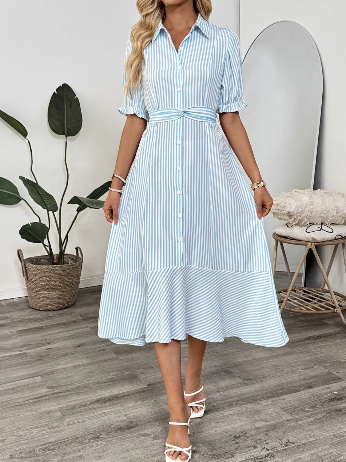 Striped Button - Down Midi Shirt Dress with Ruffle Sleeves - TNT Dress Co.