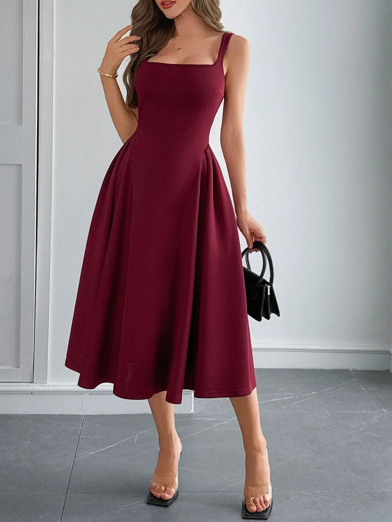Square Neck Wide Strap Midi Dress - TNT Dress Co.