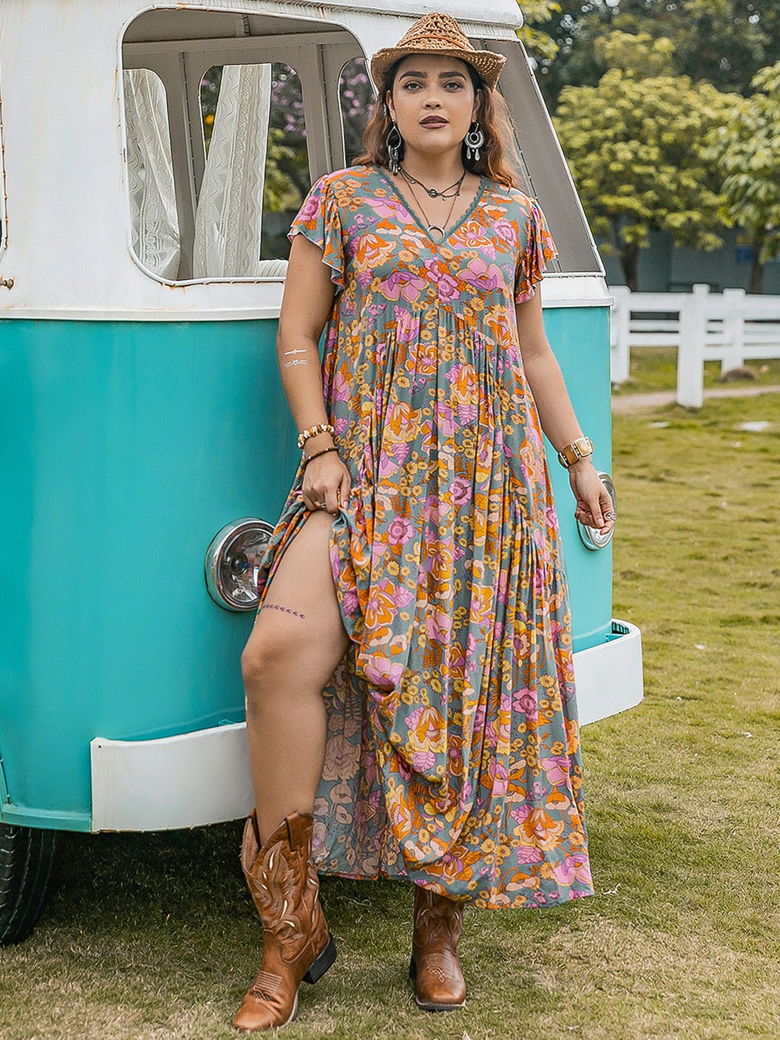 Plus Size Ruffled Cap Sleeve Printed Dress - TNT Dress Co.