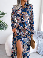 Printed Long Sleeve Midi Dress with Tied Detail - TNT Dress Co.