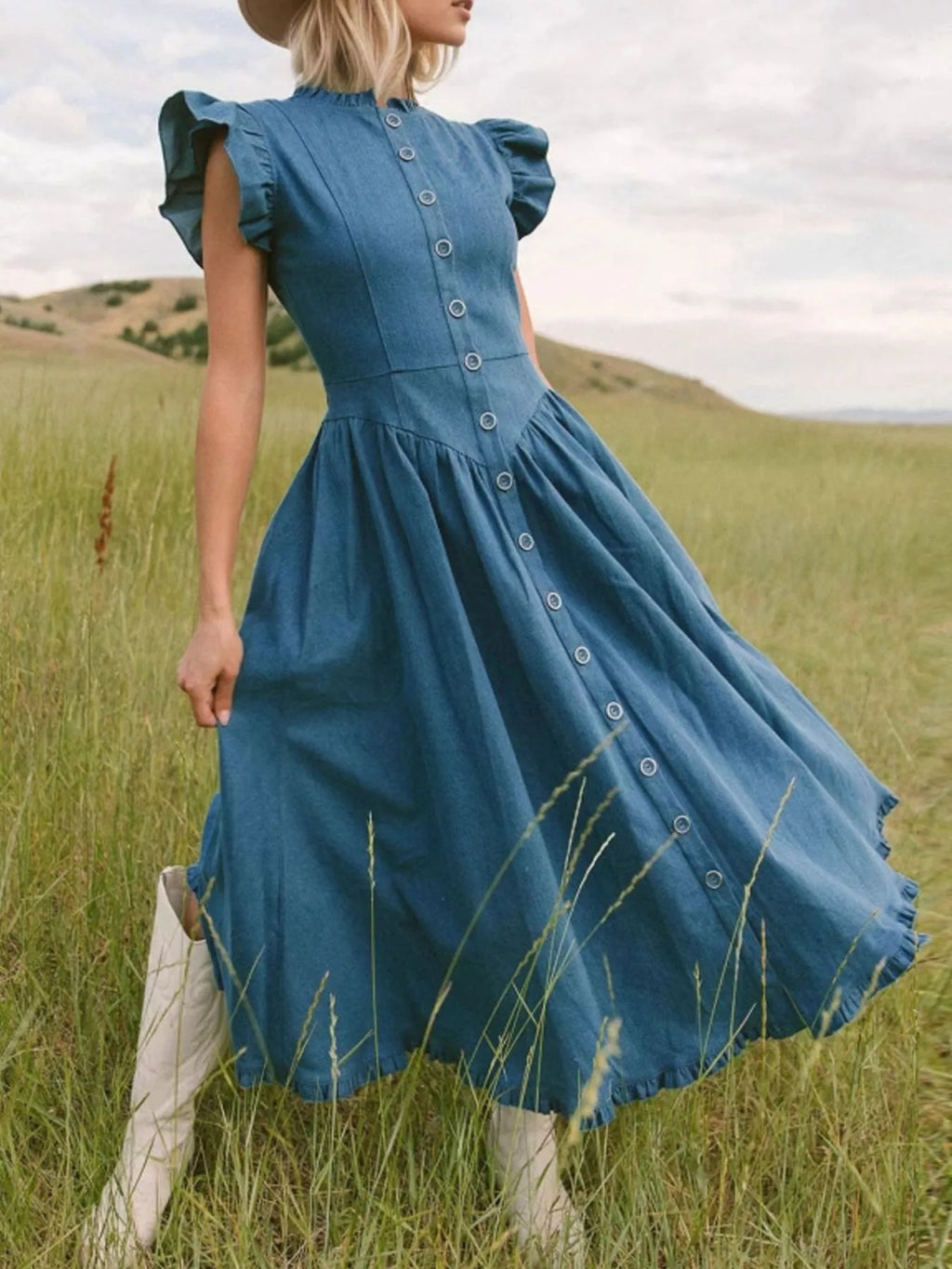 Ruffled Cap Sleeve Denim Dress - The Nicole - Tayan Dress Co.