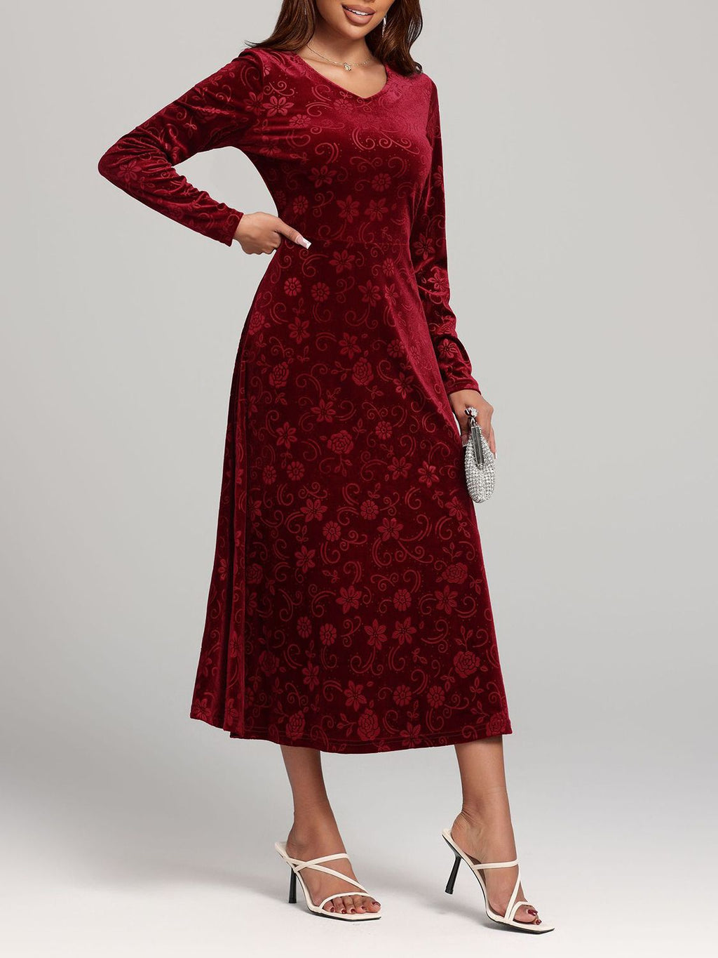 V - Neck Floral Print Long Sleeve Midi Dress - TNT Dress Co.