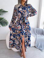Printed Long Sleeve Midi Dress with Tied Detail - TNT Dress Co.
