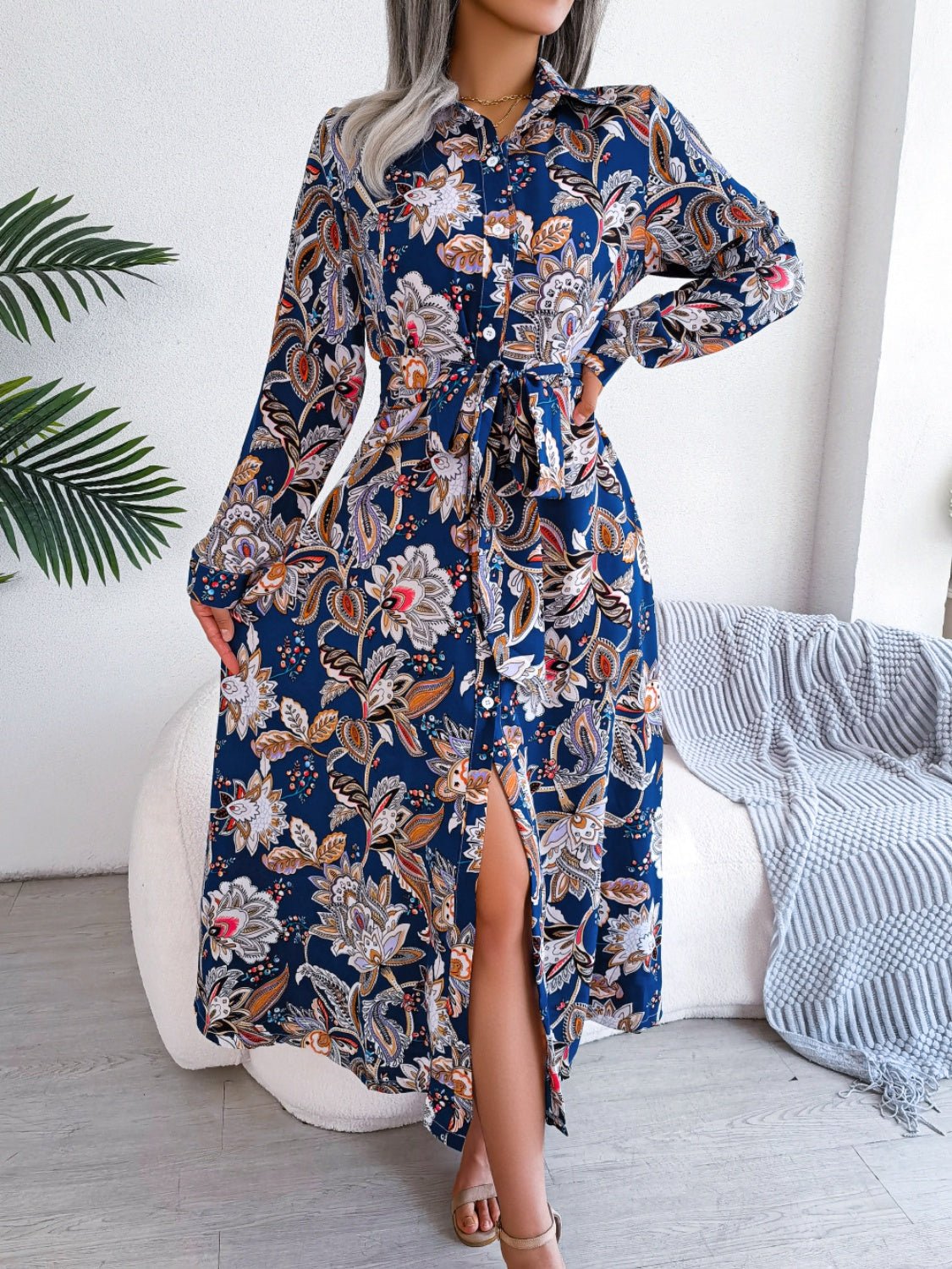 Printed Long Sleeve Midi Dress with Tied Detail - TNT Dress Co.