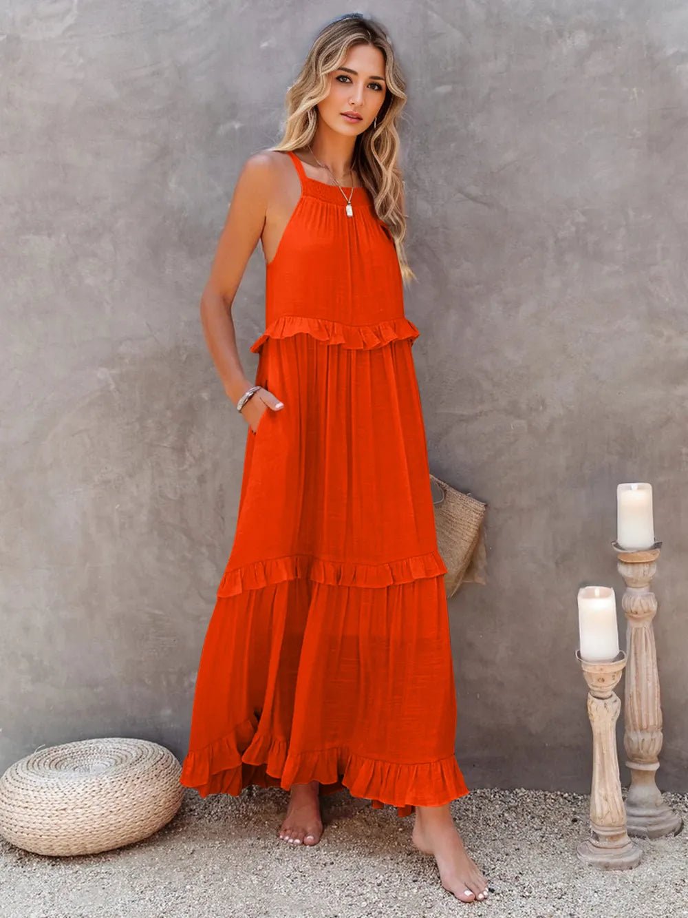 Ruffled Sleeveless Tiered Maxi Dress with Pockets - TNT Dress Co.