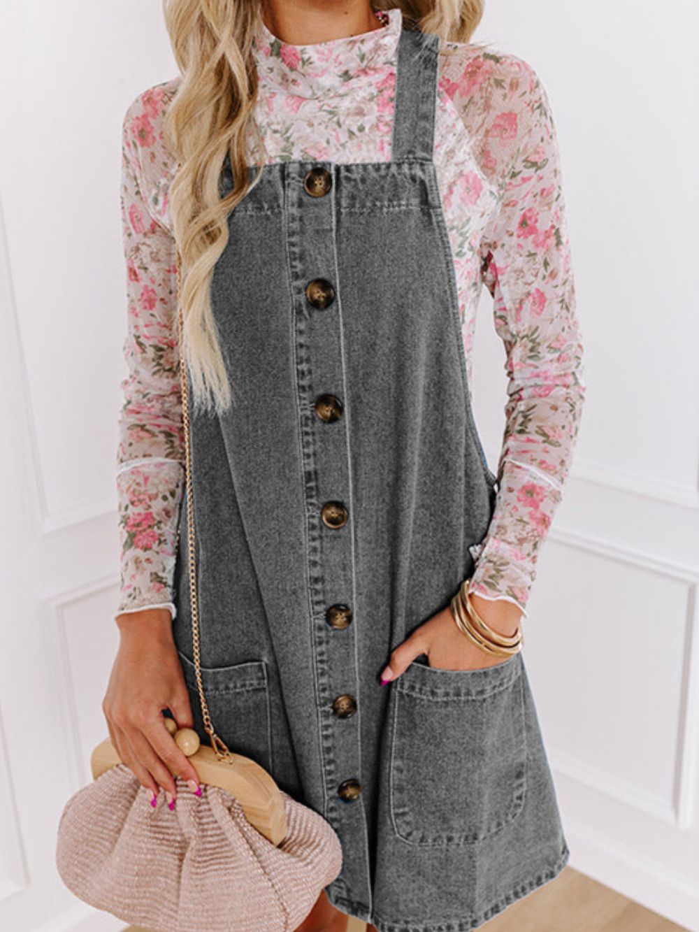 Wide Strap Button Down Denim Overall Dress - TNT Dress Co.