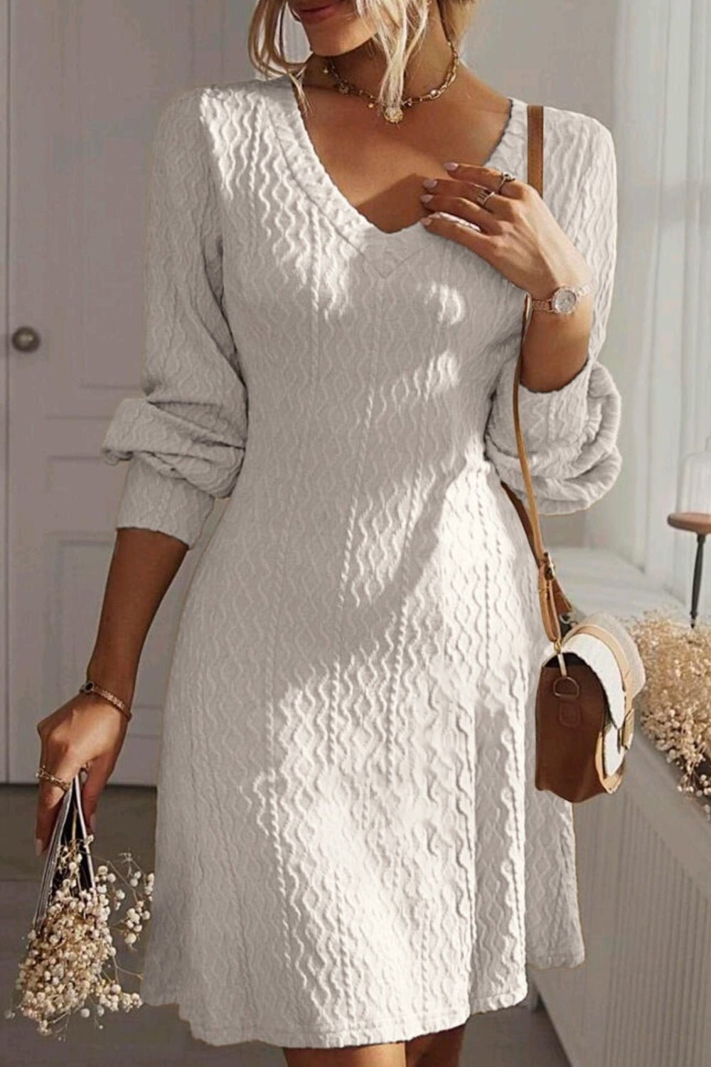 V - Neck Long Sleeve Textured Dress - TNT Dress Co.