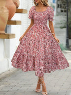 Floral Square Neck Short Sleeve Tiered Dress - TNT Dress Co.