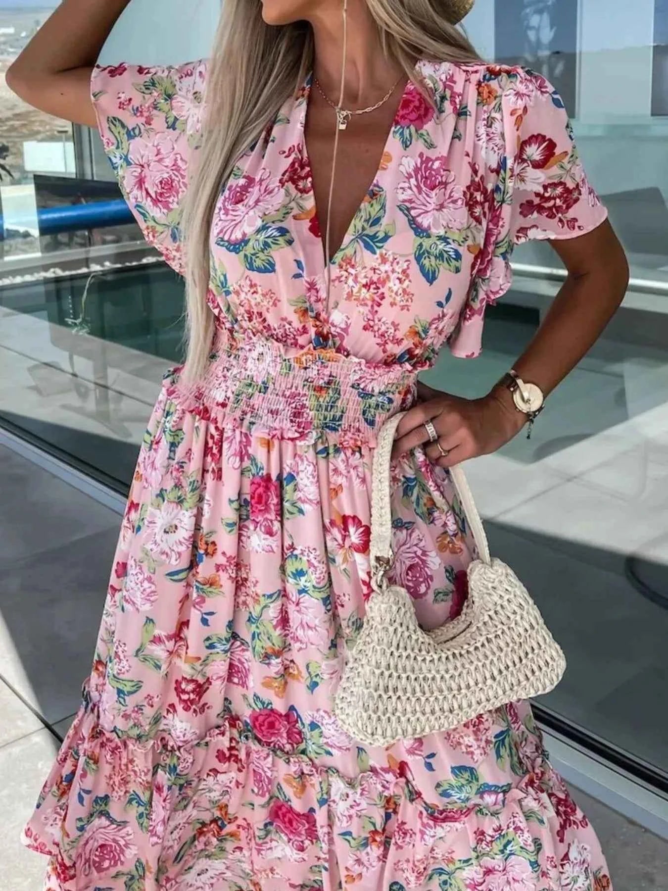 Floral Print Flutter Sleeve Maxi Dress