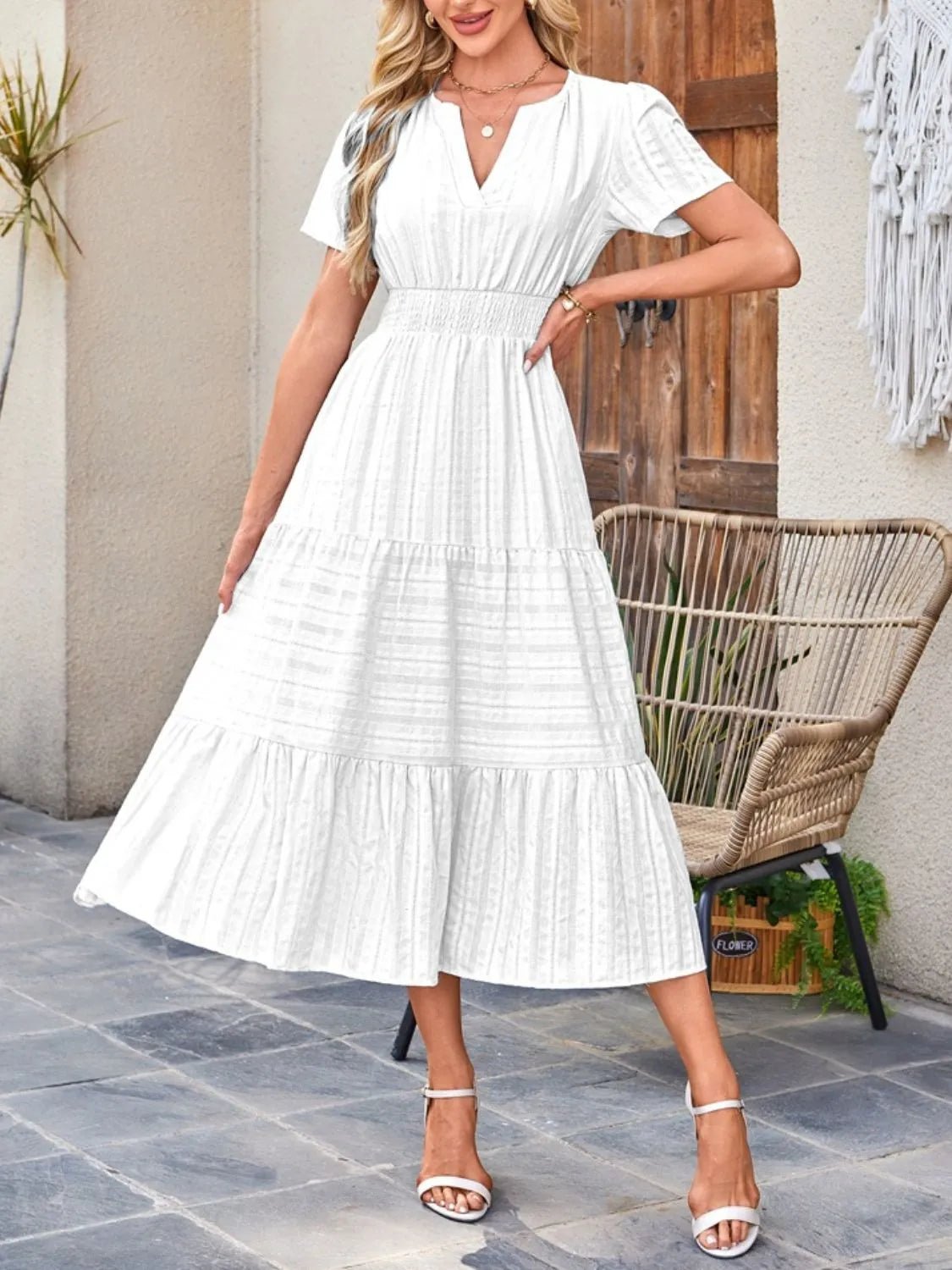 Tiered Notched Short Sleeve Dress - TNT Dress Co.