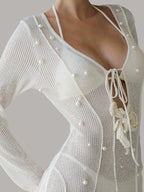 Pearl Detail Long Sleeve Knit Cover Up Dress - TNT Dress Co.