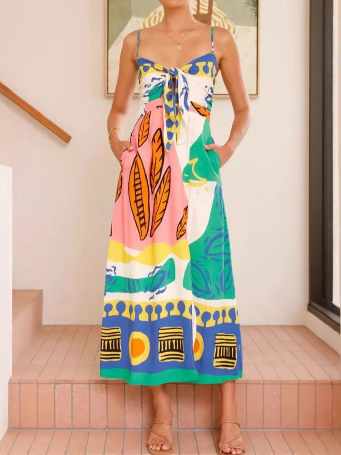 Tied Front Printed Slit Maxi Cami Dress - TNT Dress Co.