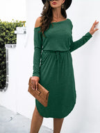 One - Shoulder Long Sleeve Midi Dress with Drawstring Waist - The Nicole - Tayan Dress Co.