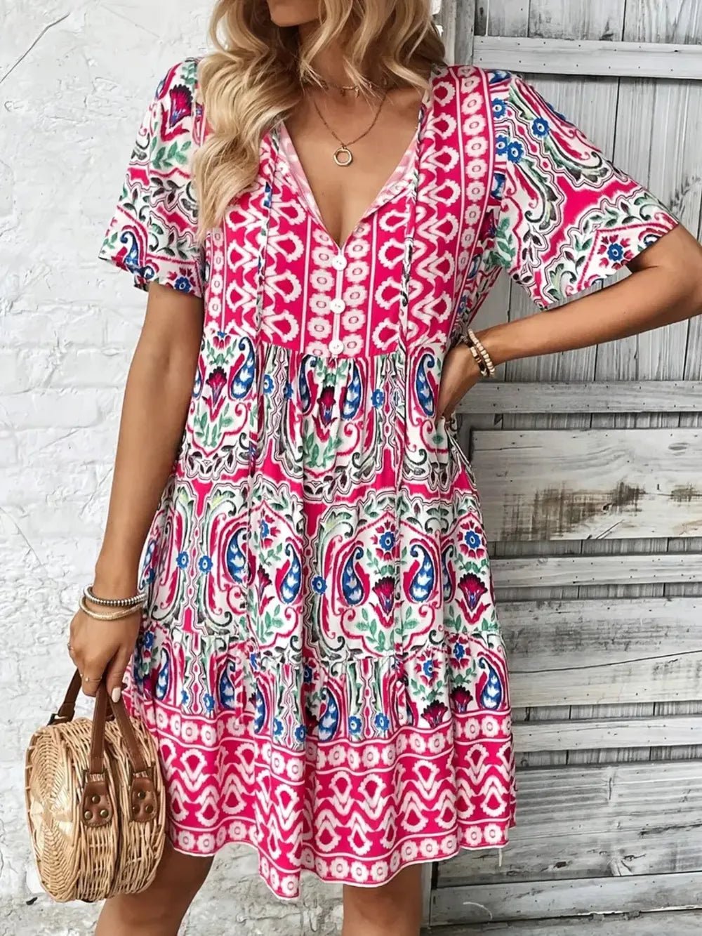 Printed Tie Neck Short Sleeve Dress - TNT Dress Co.