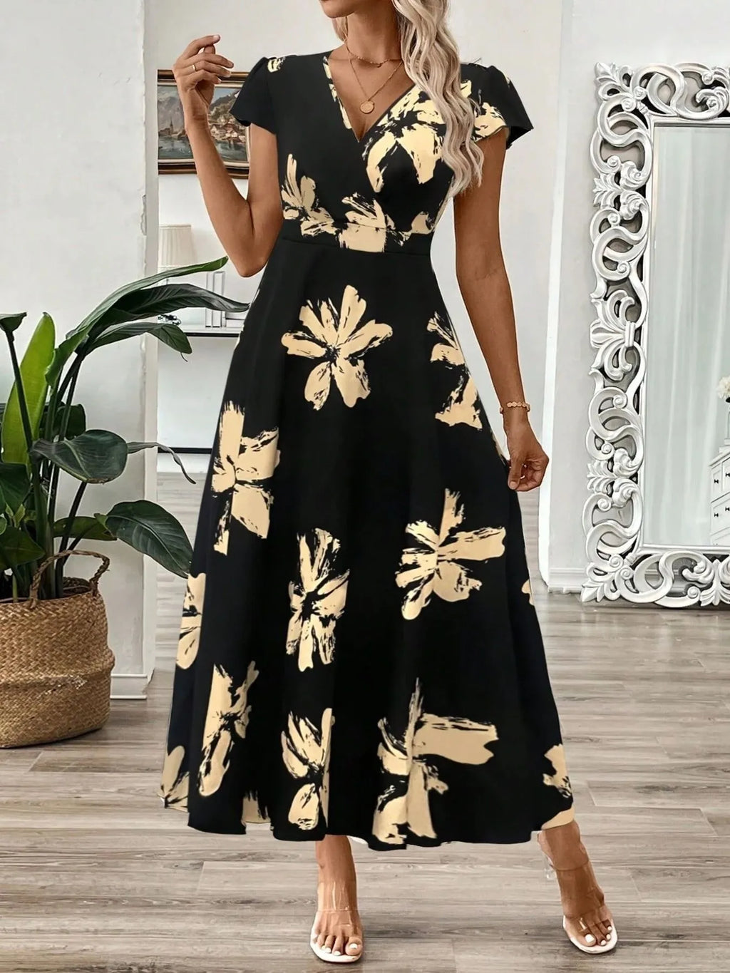 Surplice Short Sleeve Midi Dress - TNT Dress Co.