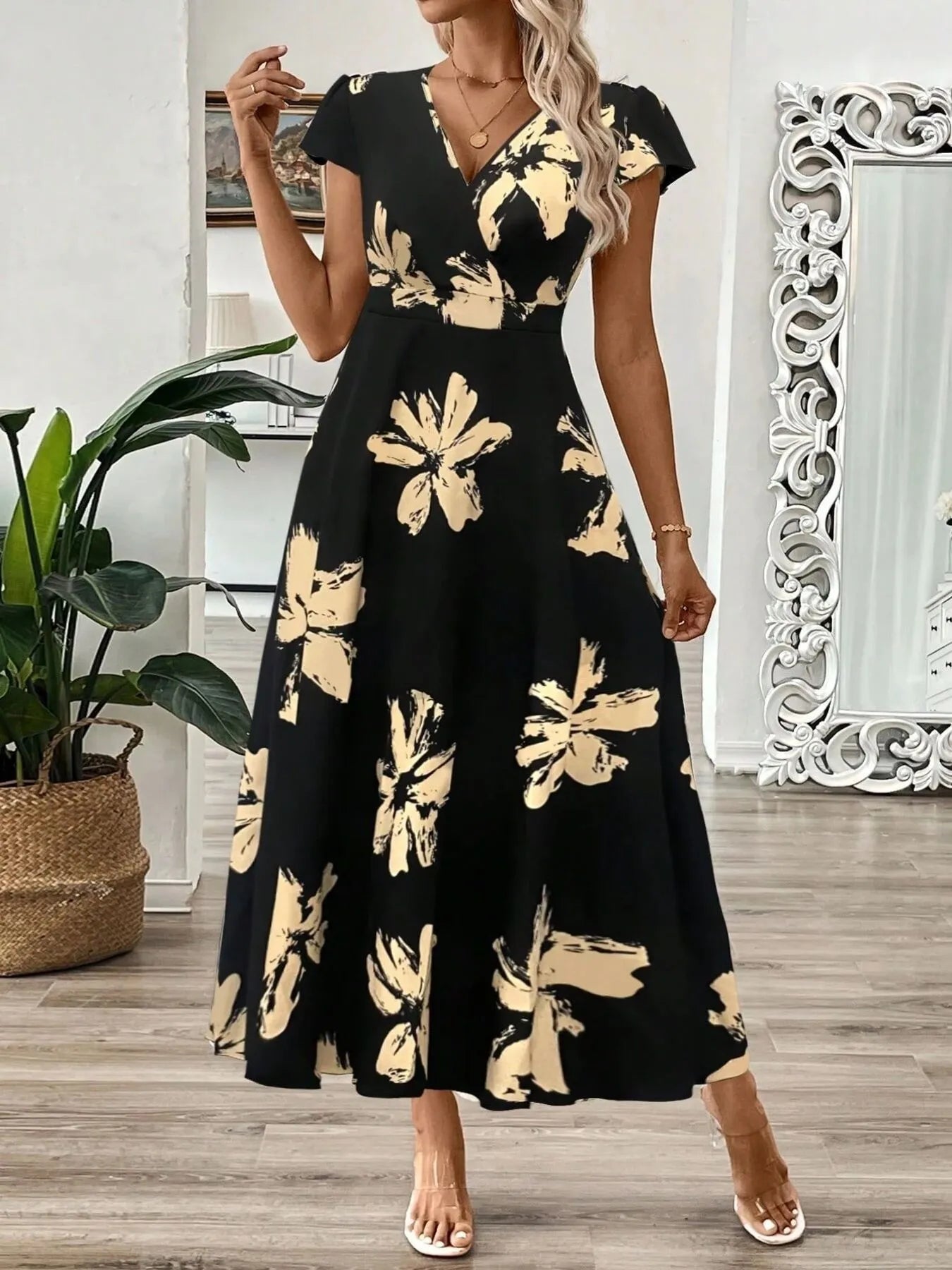 Surplice Short Sleeve Midi Dress - TNT Dress Co.