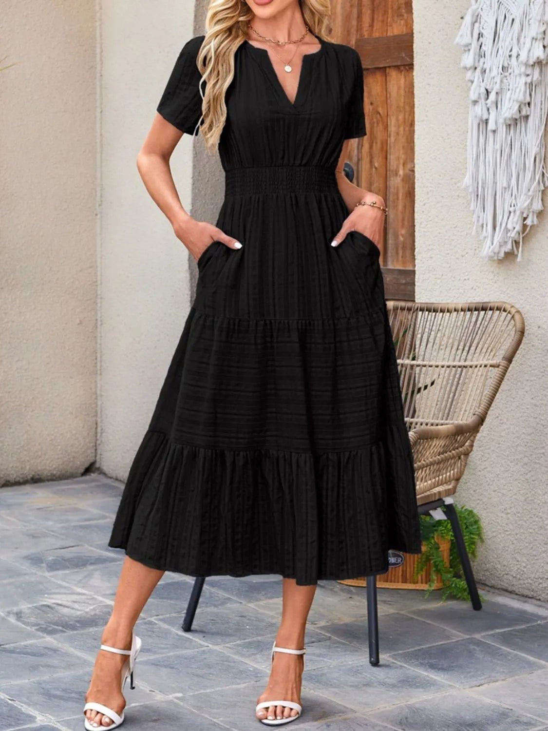Tiered Notched Short Sleeve Dress - TNT Dress Co.