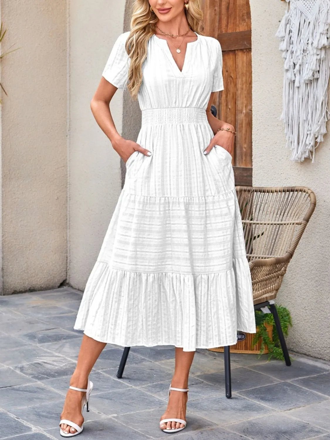 Tiered Notched Short Sleeve Dress - TNT Dress Co.