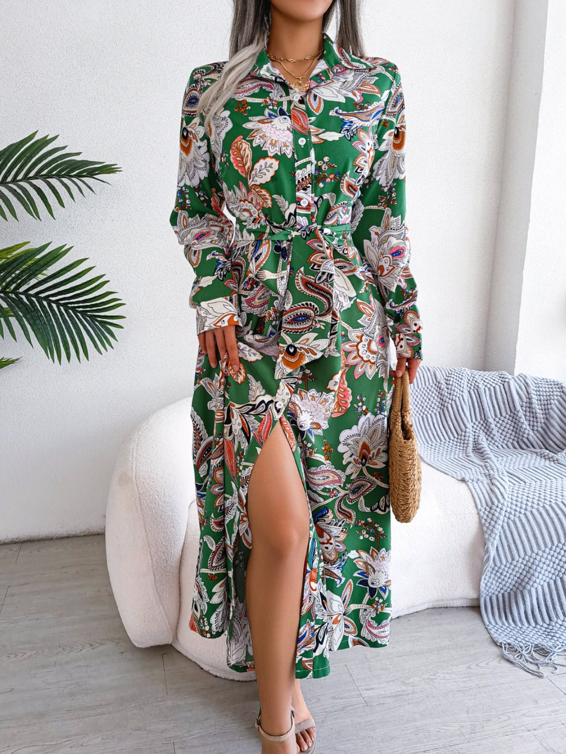 Printed Long Sleeve Midi Dress with Tied Detail - TNT Dress Co.