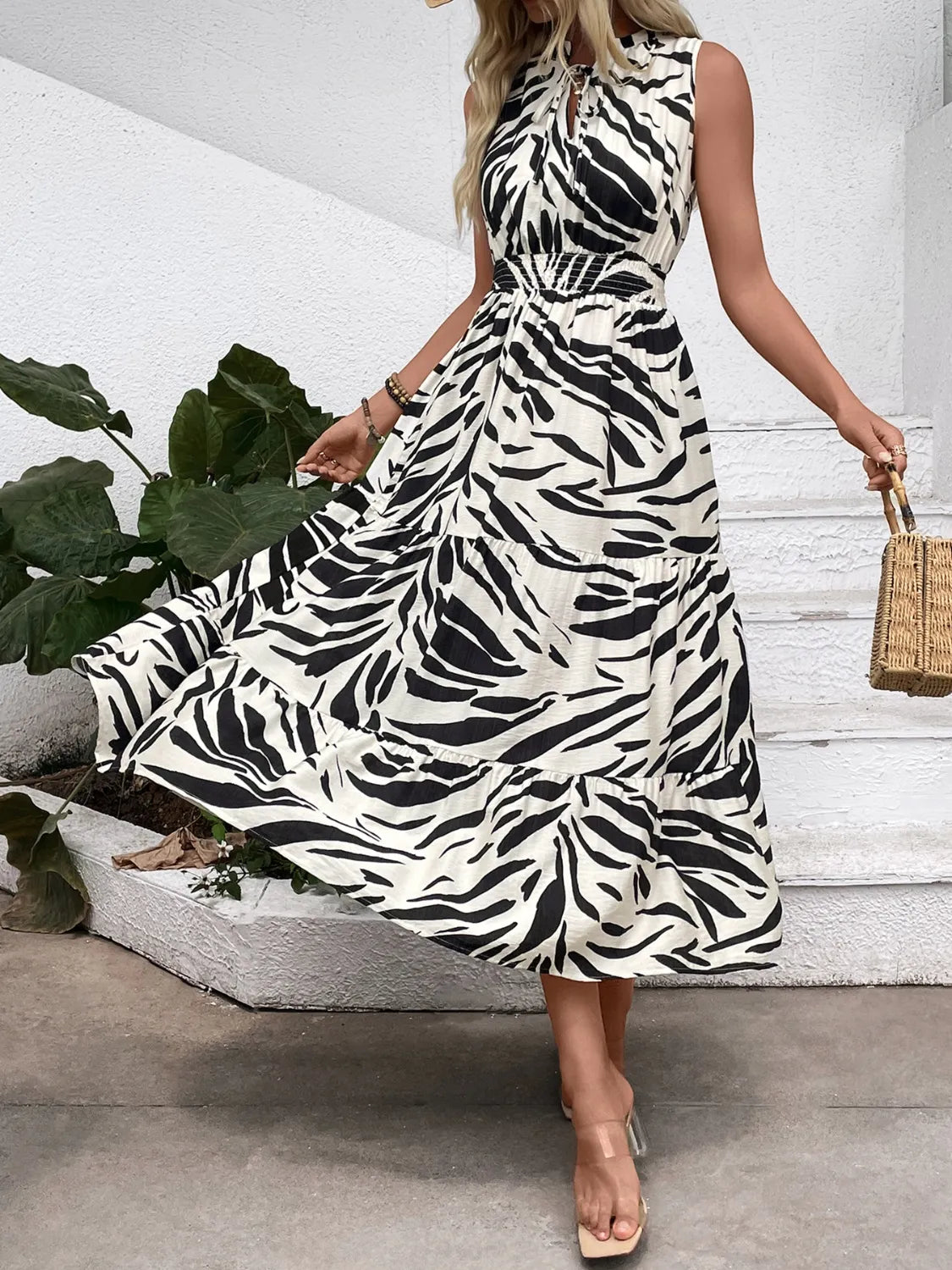 Printed Notched Sleeveless Midi Dress - TNT Dress Co.