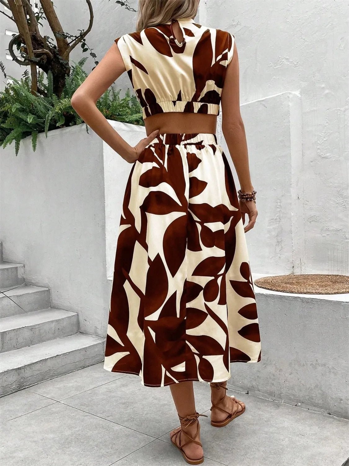 Cutout Printed Cap Sleeve Midi Dress - TNT Dress Co.