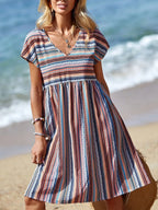 Striped V - Neck Short Sleeve Dress - TNT Dress Co.