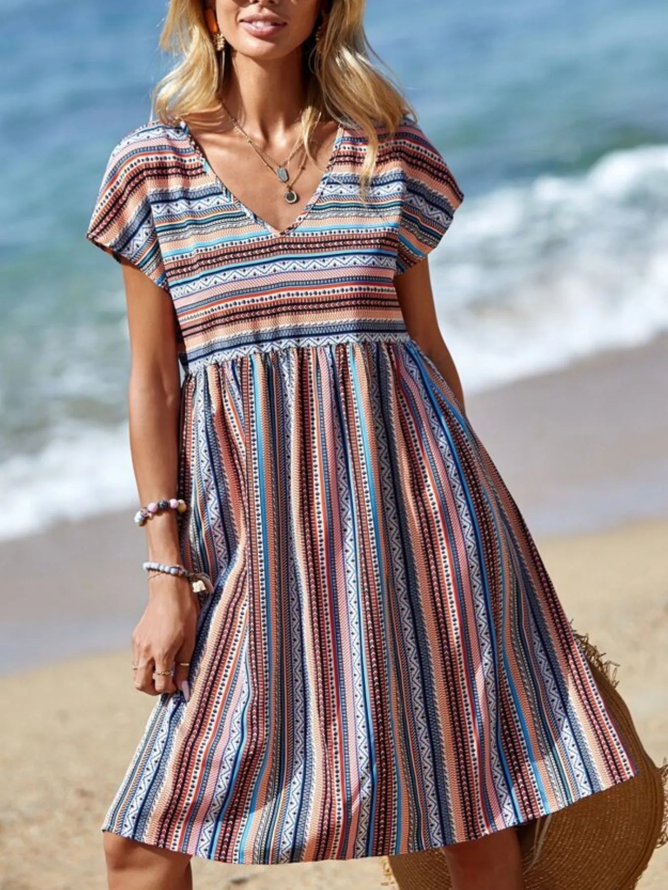 Striped V - Neck Short Sleeve Dress - TNT Dress Co.