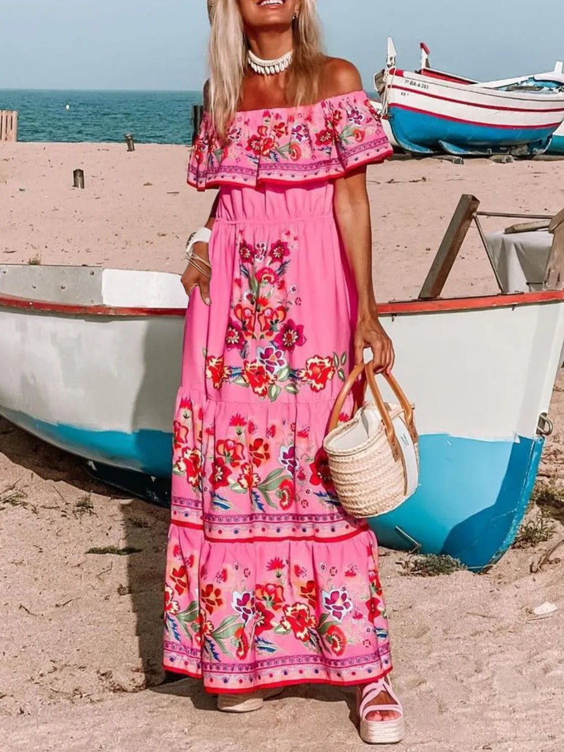 Floral Off Shoulder Ruffle Maxi Dress - TNT Dress Co.