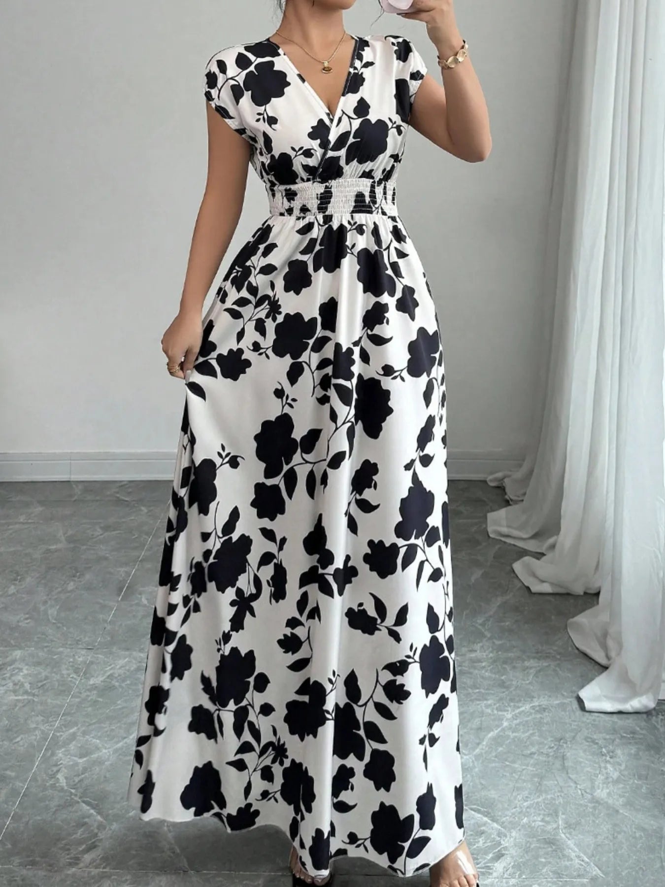 Printed Surplice Cap Sleeve Maxi Dress - TNT Dress Co.