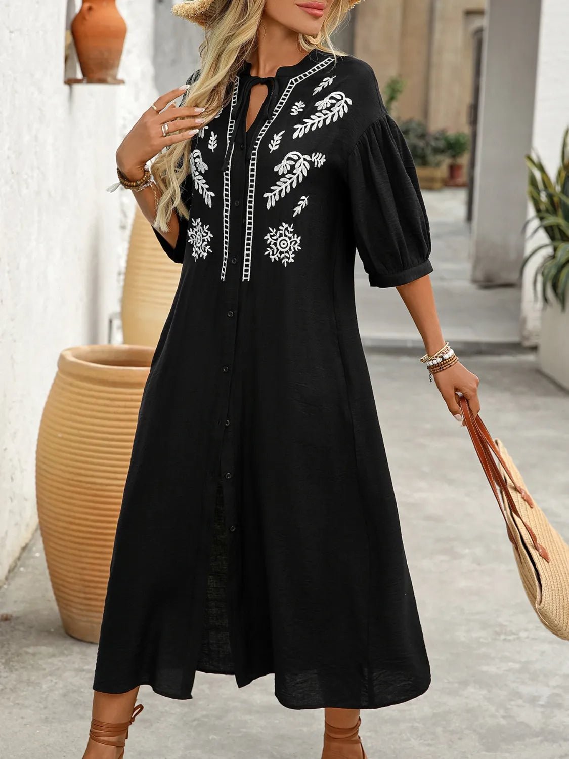 Embroidered Notched Half Sleeve Midi Dress - TNT Dress Co.