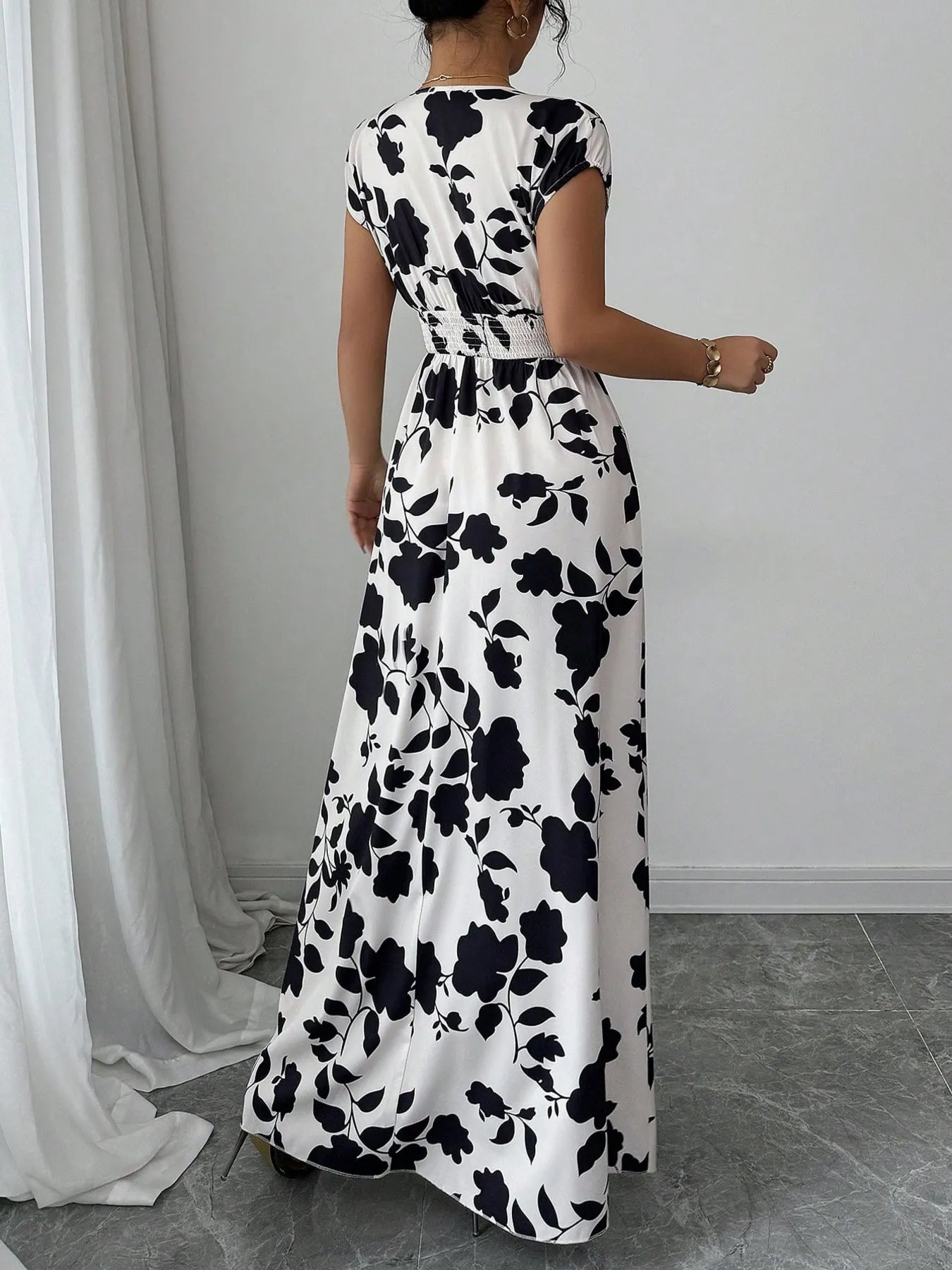 Printed Surplice Cap Sleeve Maxi Dress - TNT Dress Co.