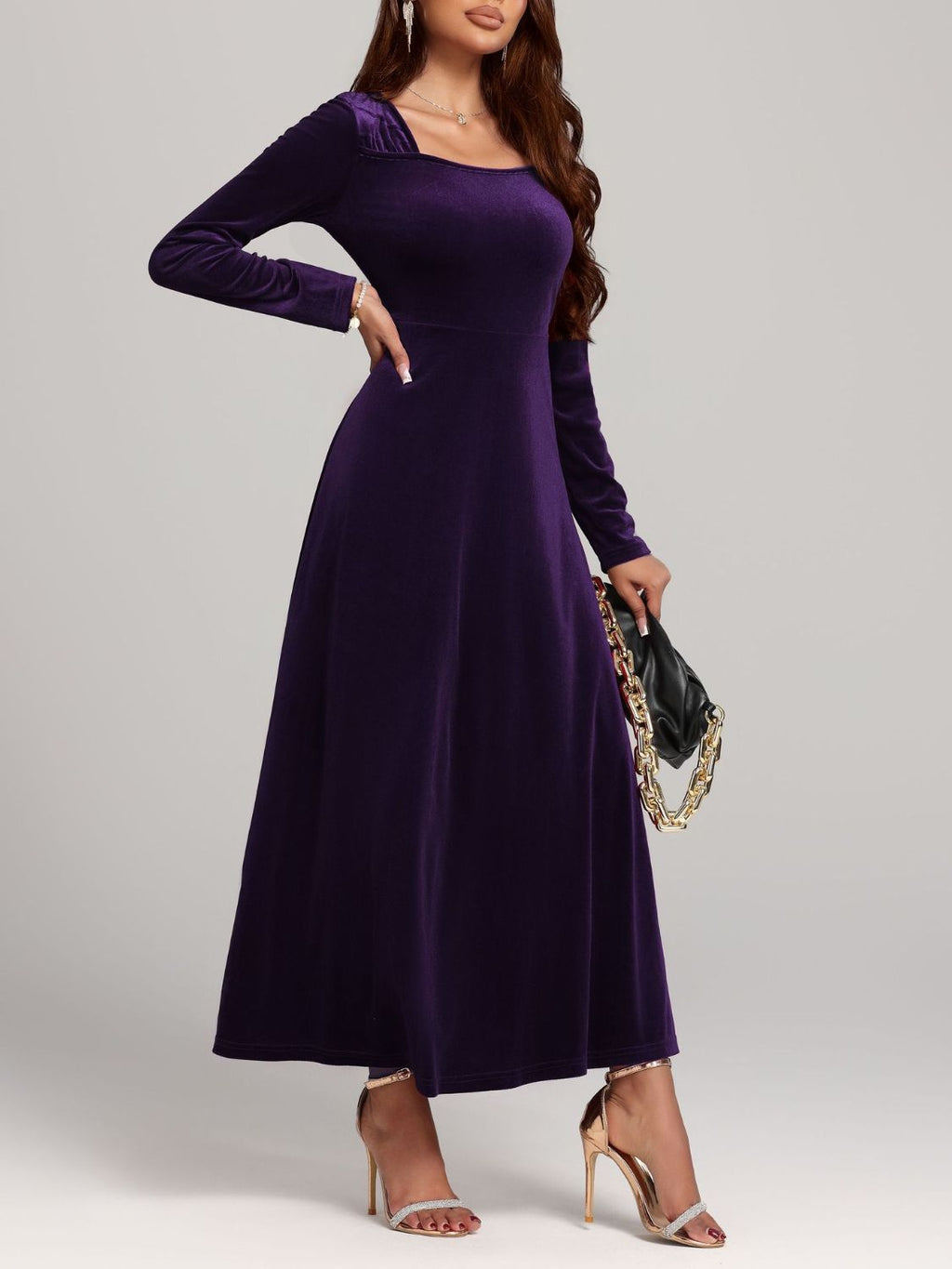 Velvet Square Neck Long Sleeve Dress - TNT Dress Co.