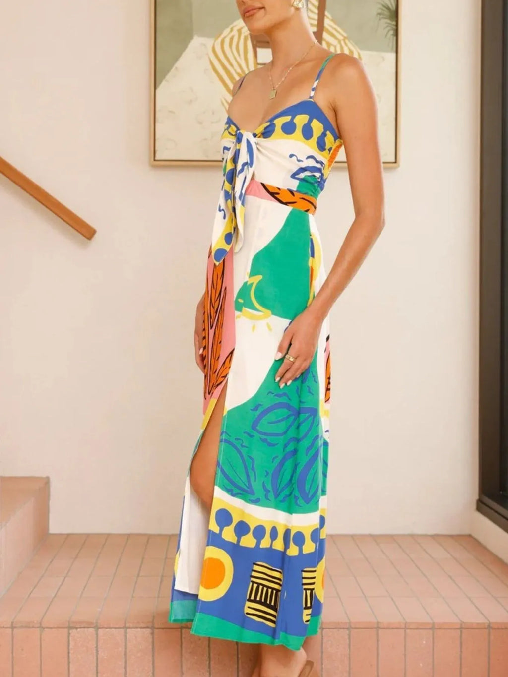 Tied Front Printed Slit Maxi Cami Dress - TNT Dress Co.