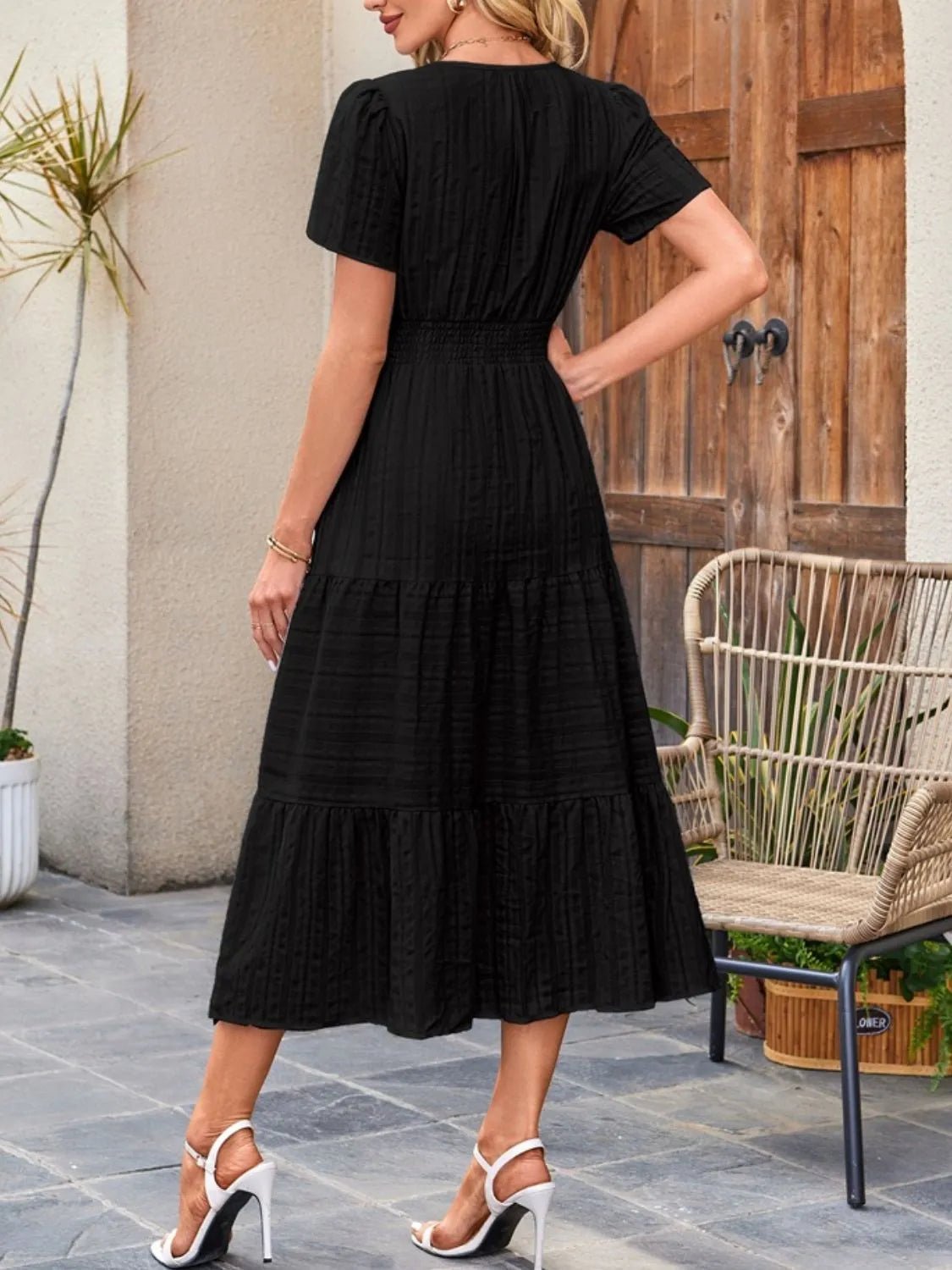 Tiered Notched Short Sleeve Dress - TNT Dress Co.