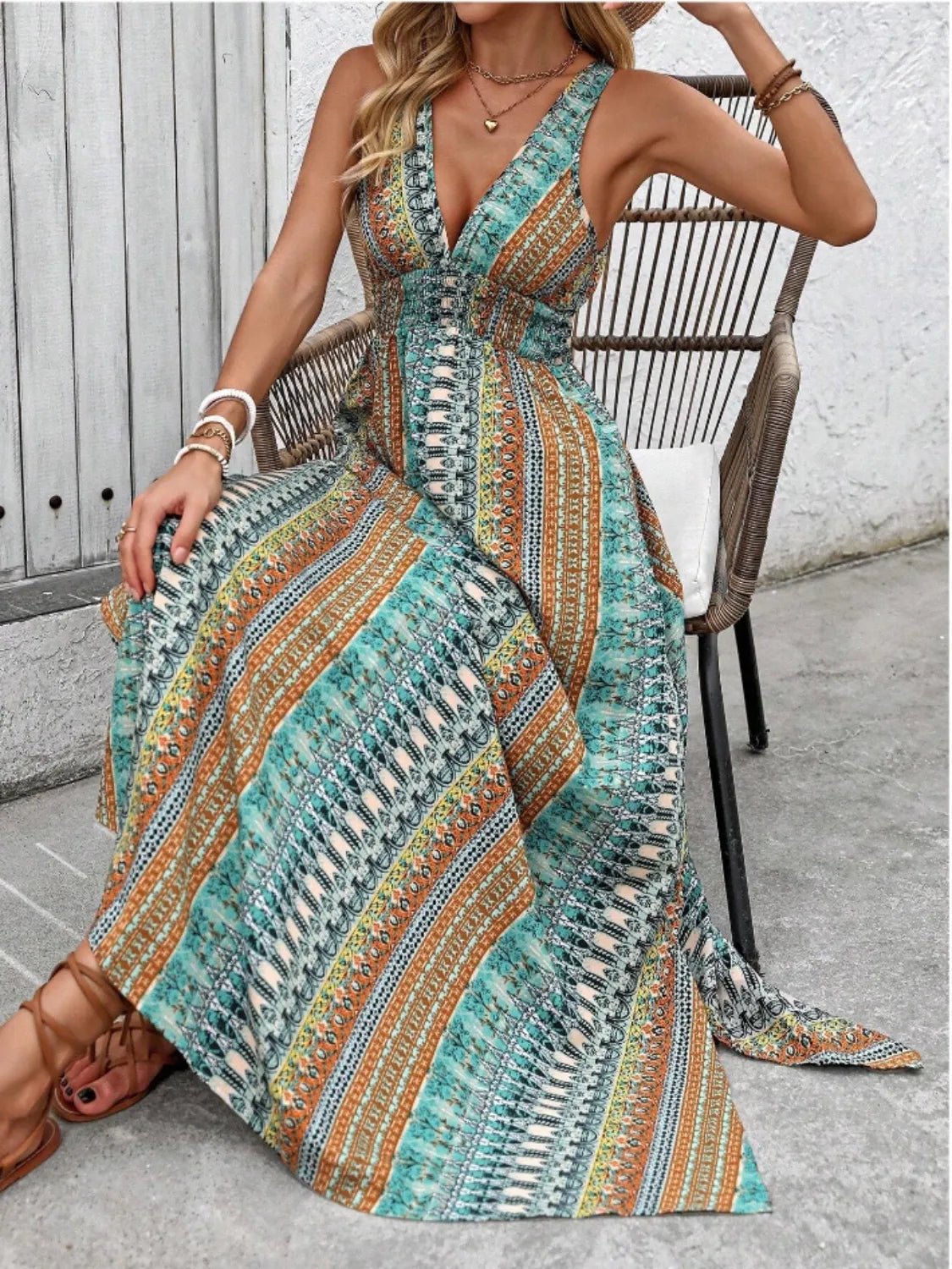 Tied Back Printed Sleeveless Maxi Slit Dress - TNT Dress Co.
