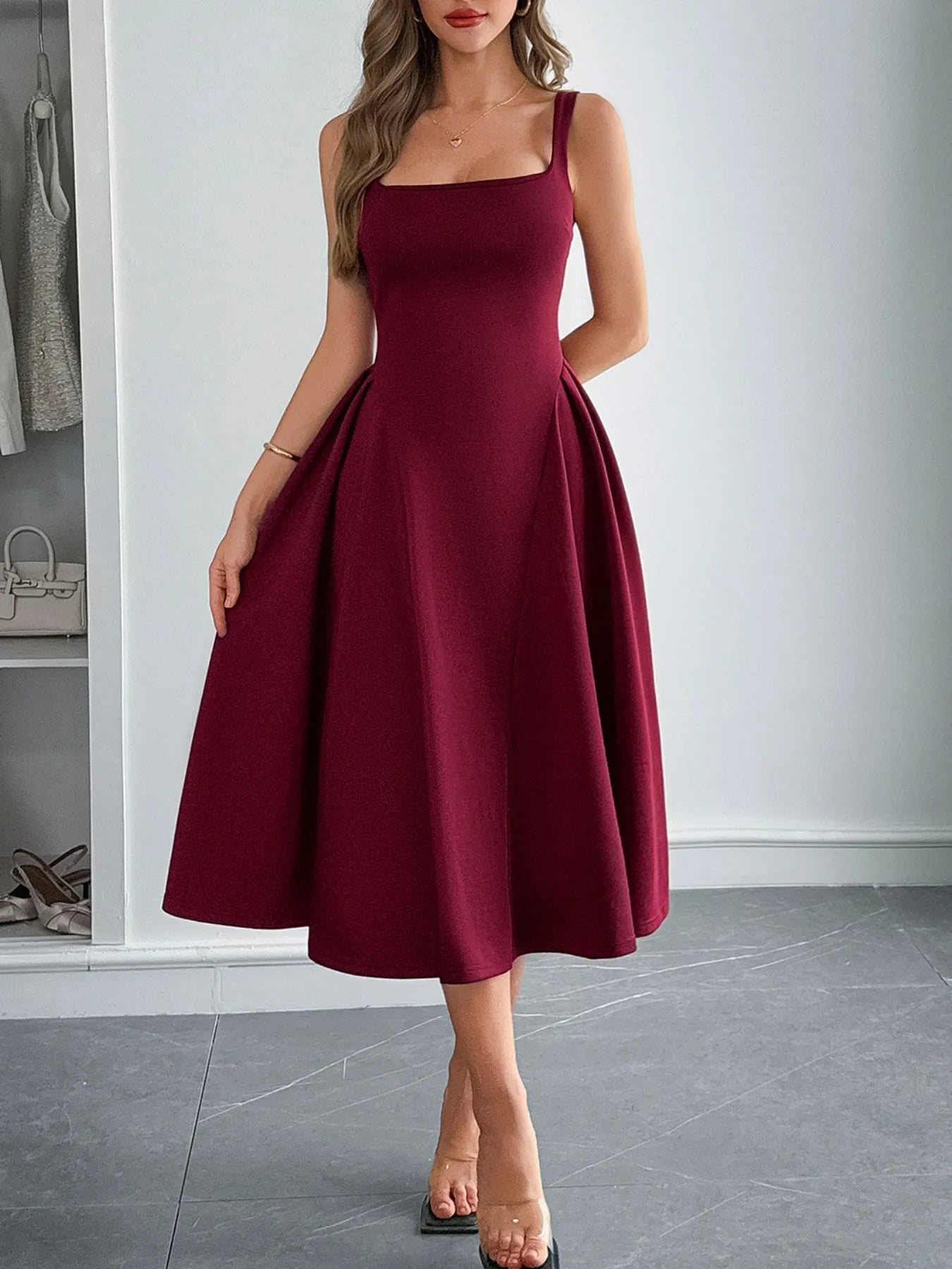 Square Neck Wide Strap Midi Dress - TNT Dress Co.