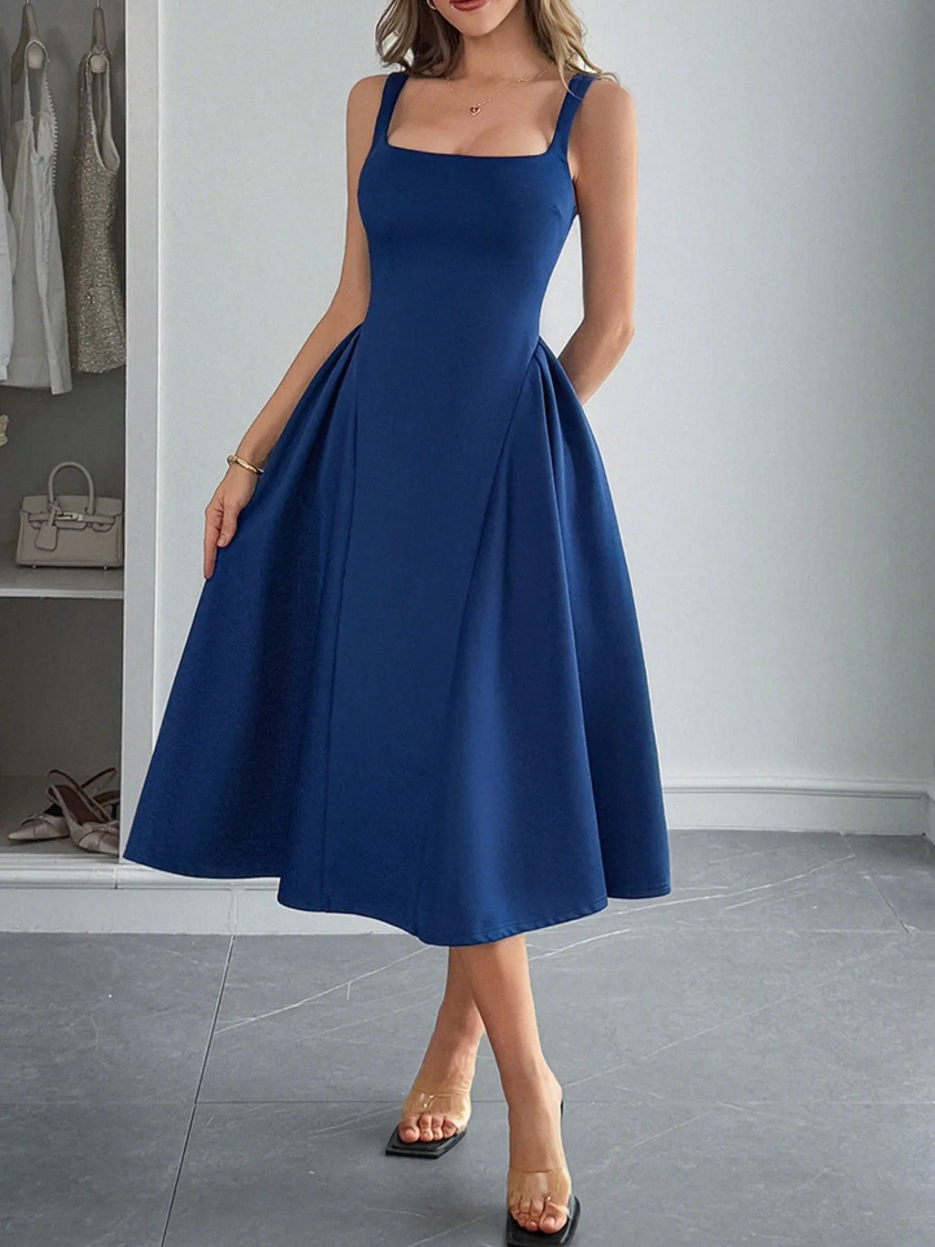 Square Neck Wide Strap Midi Dress - TNT Dress Co.