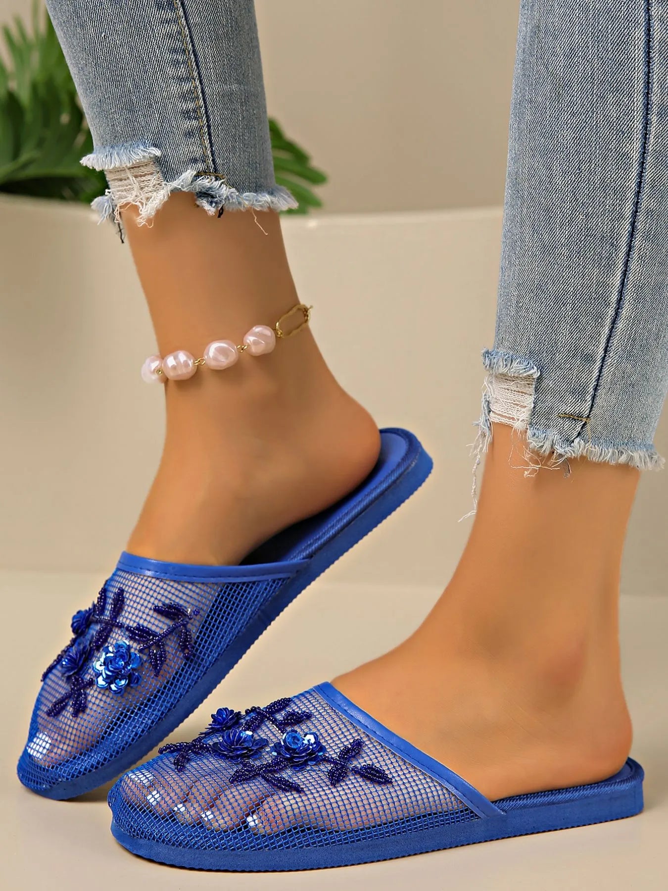 Mesh Floral Embroidered Slide Sandals - The Nicole - Tayan Dress Co.