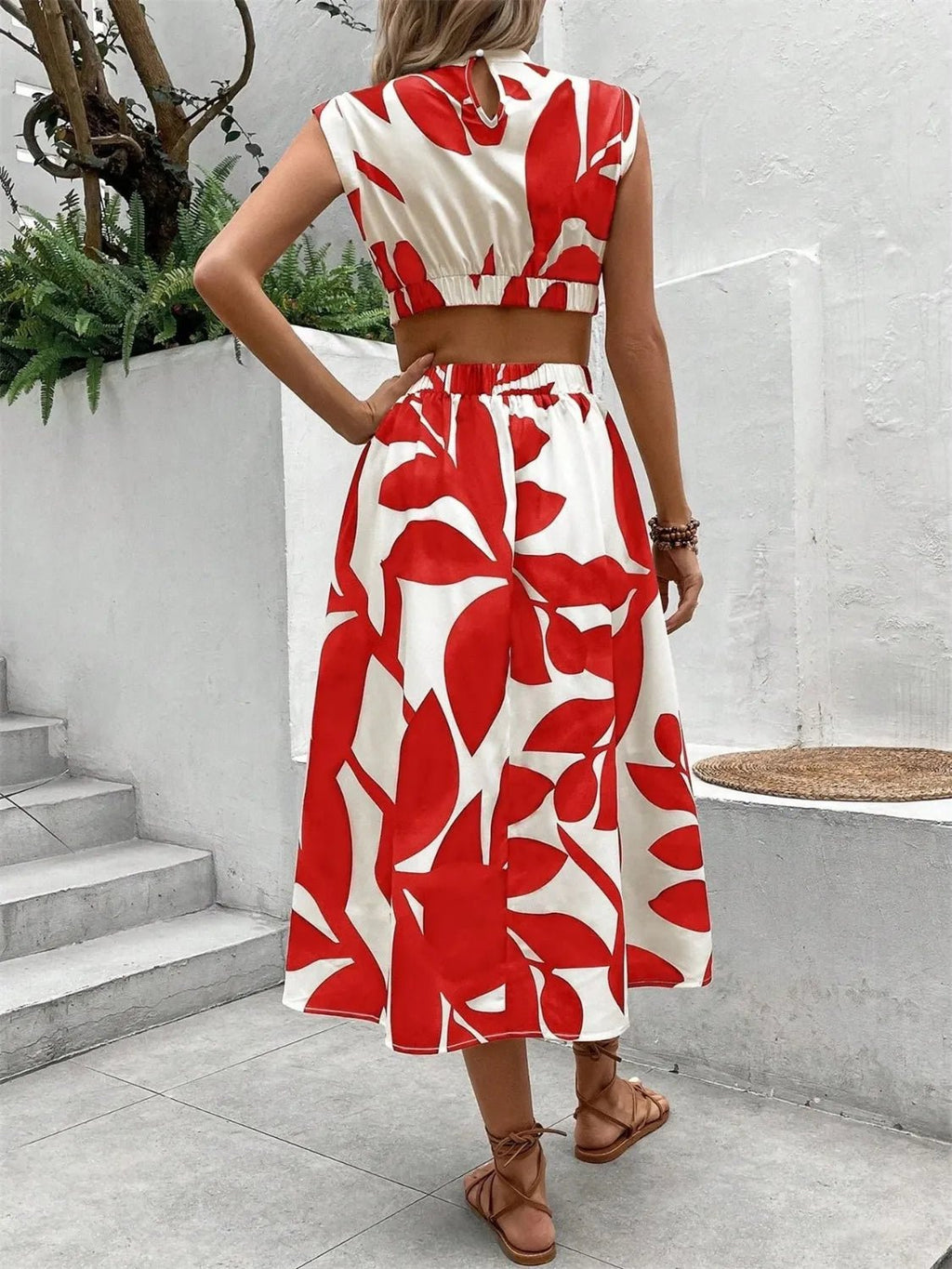 Cutout Printed Cap Sleeve Midi Dress - TNT Dress Co.