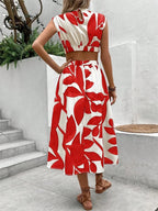 Cutout Printed Cap Sleeve Midi Dress - TNT Dress Co.