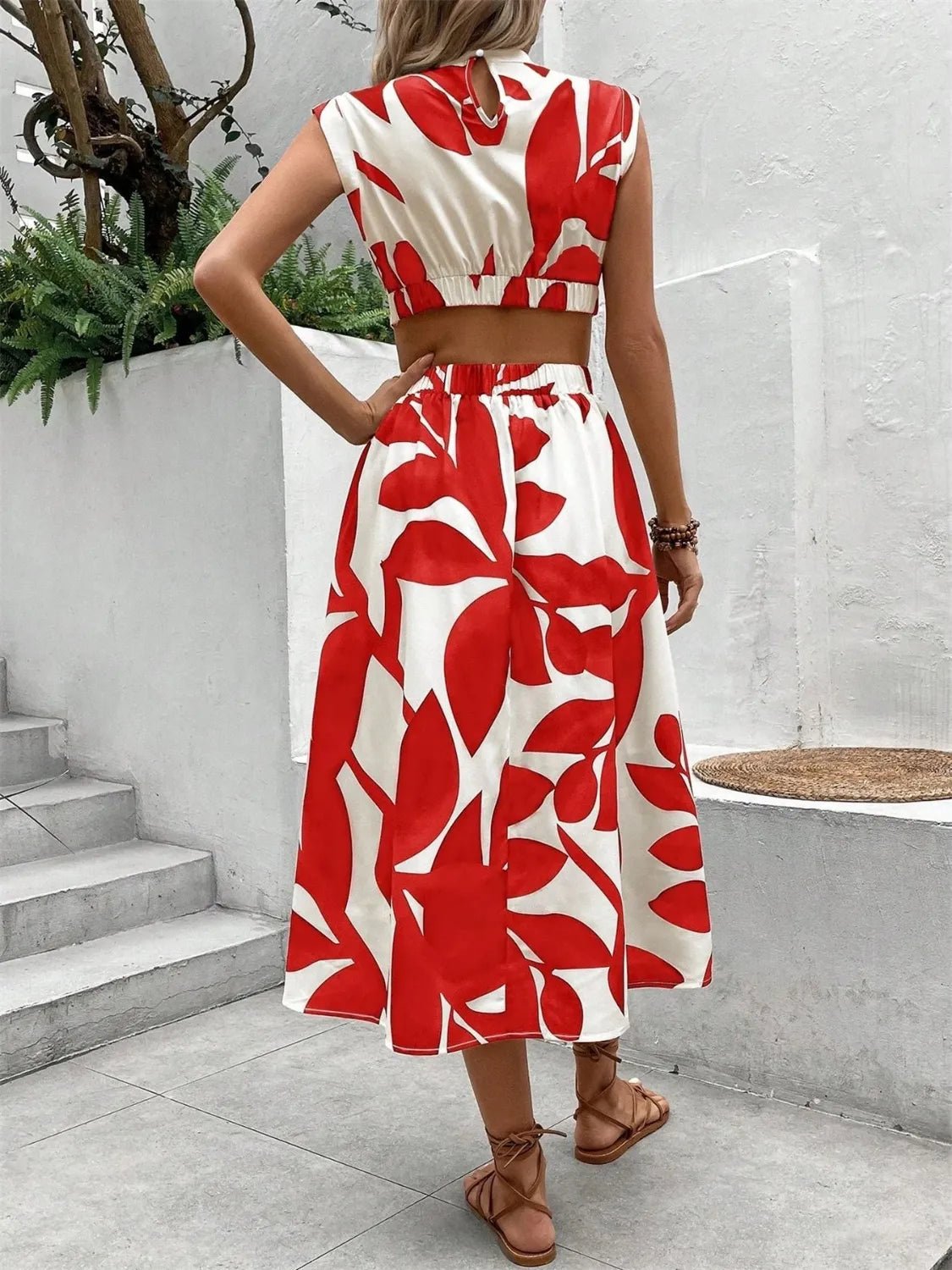 Cutout Printed Cap Sleeve Midi Dress - TNT Dress Co.