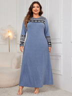Honey Plus Size Printed Long Sleeve Dress with Round Neck - TNT Dress Co.