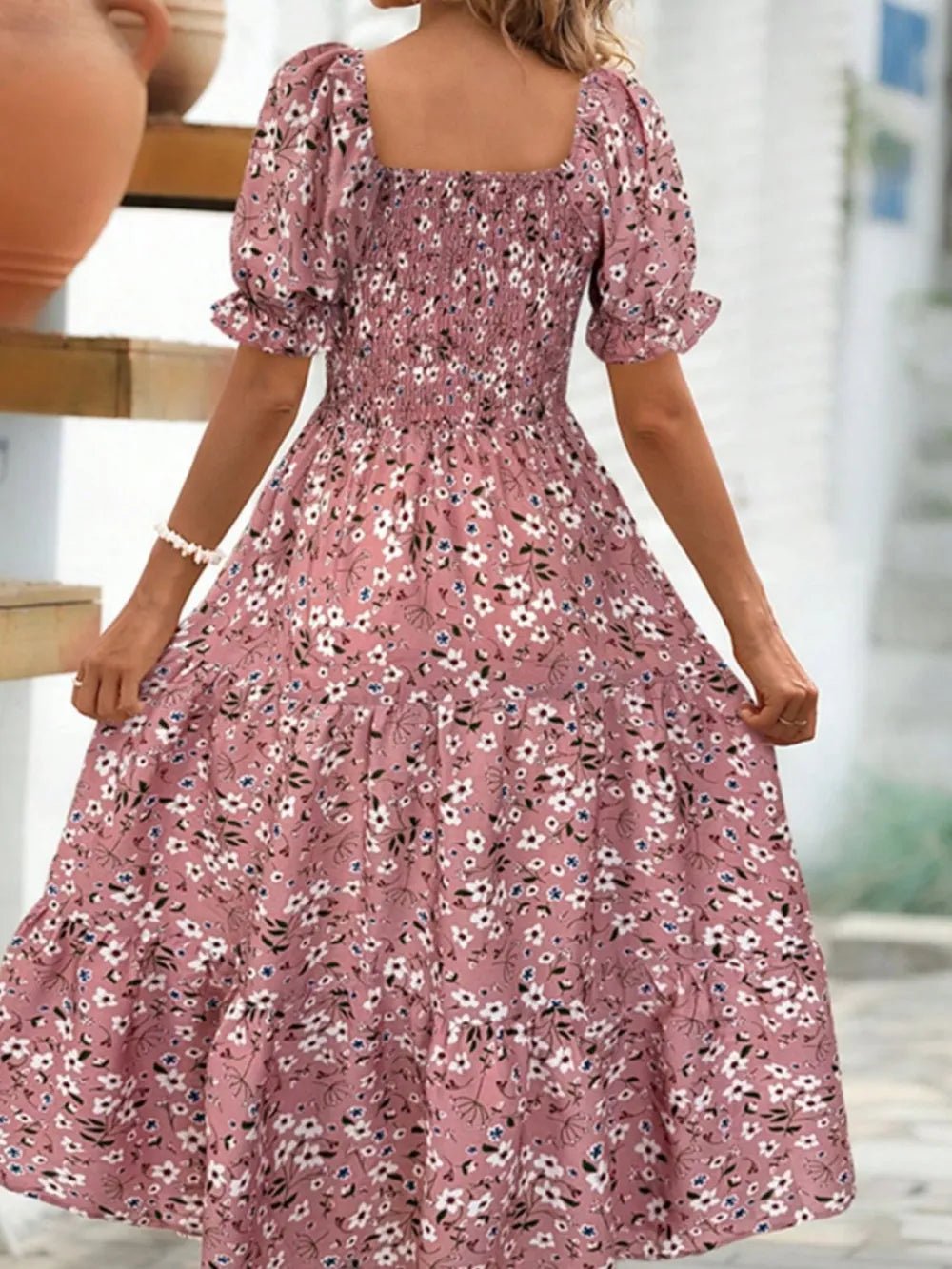 Floral Square Neck Short Sleeve Tiered Dress - TNT Dress Co.