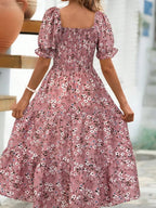 Floral Square Neck Short Sleeve Tiered Dress - TNT Dress Co.