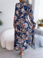 Printed Long Sleeve Midi Dress with Tied Detail - TNT Dress Co.