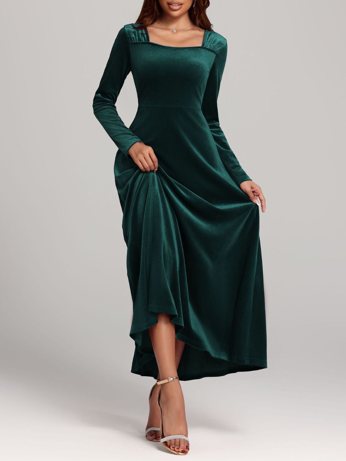 Velvet Square Neck Long Sleeve Dress - TNT Dress Co.