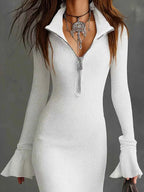 Ribbed Knit Zip Front Flare Hem Midi Dress