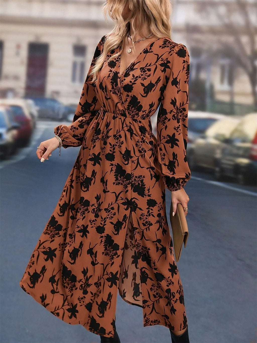 Printed Surplice Long Sleeve Dress - The Nicole - Tayan Dress Co.