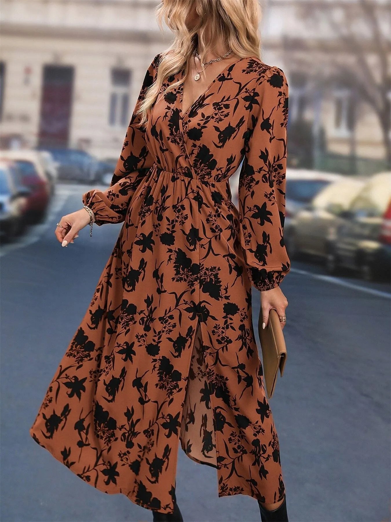 Printed Surplice Long Sleeve Dress - The Nicole - Tayan Dress Co.
